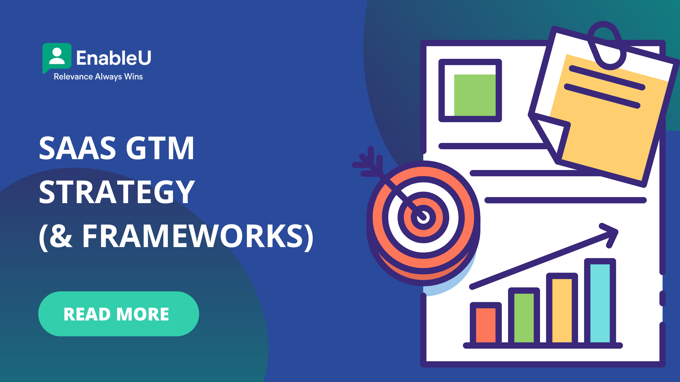 EnableU blog cover for SaaS GTM strategy and frameworks, illustrated with targets, documents, and growth charts.