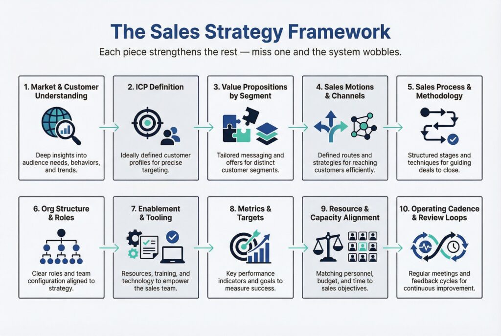 Sales strategy framework diagram outlining ten connected elements from market insight and ICP definition to metrics, resources, and operating cadence.