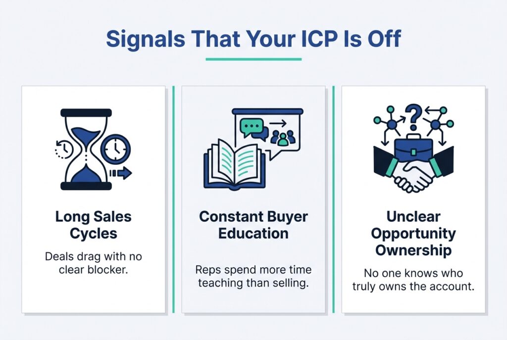 Graphic highlighting signals of a misaligned ICP, including long sales cycles, constant buyer education, and unclear opportunity ownership.