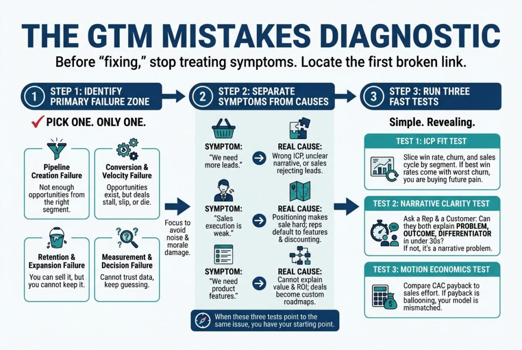 Infographic outlining a three-step GTM mistakes diagnostic, showing how to identify failure zones, separate symptoms from root causes, and run validation tests.