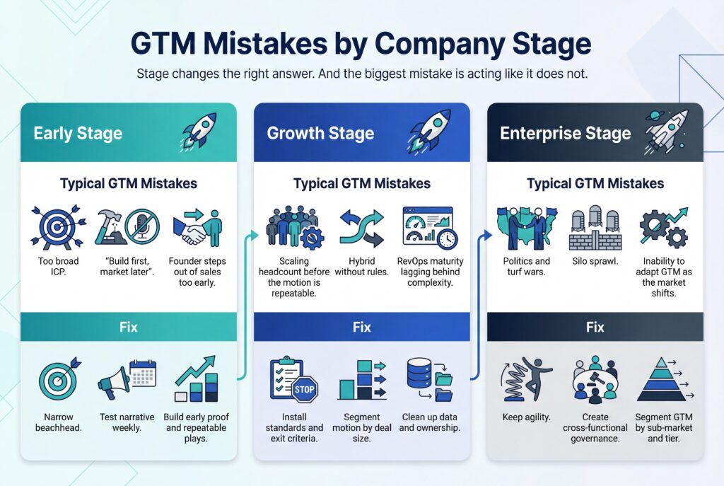 Infographic comparing common GTM mistakes and fixes across early, growth, and enterprise company stages.