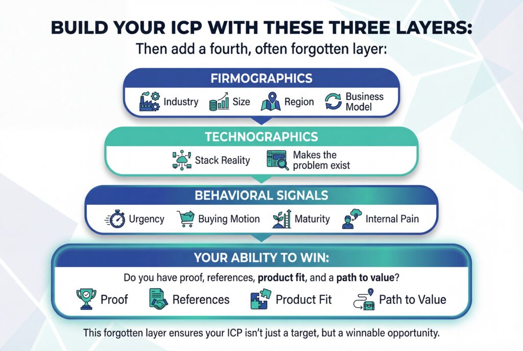 Diagram showing how to build an ICP using firmographics, technographics, behavioral signals, and your ability to win.
