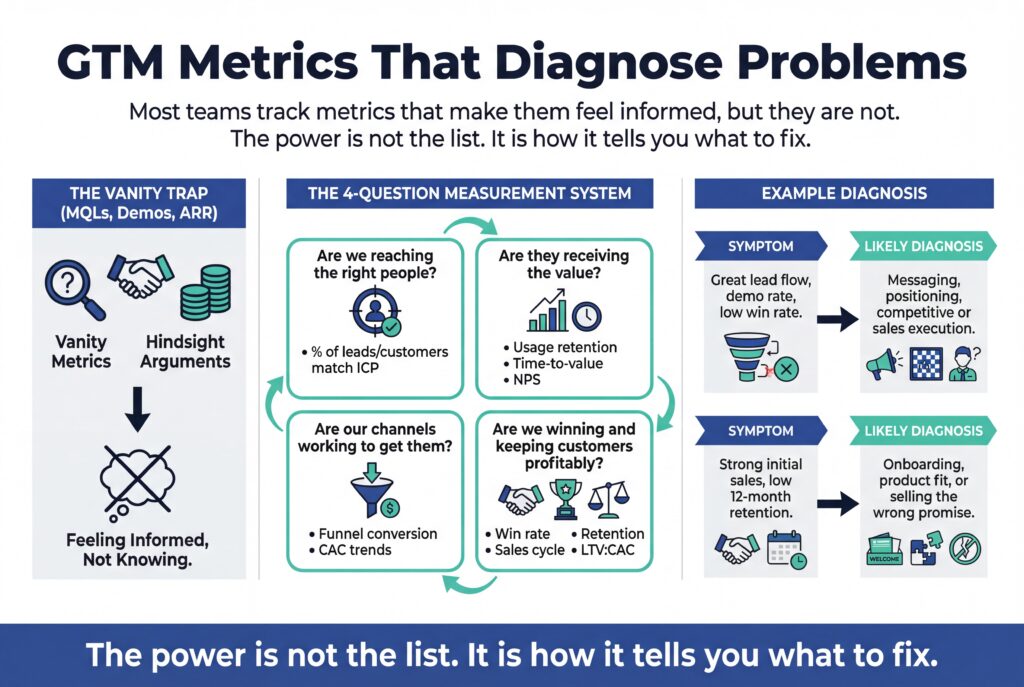 Diagram explaining GTM metrics that diagnose growth problems, contrasting vanity metrics with a four-question measurement system and example diagnoses.