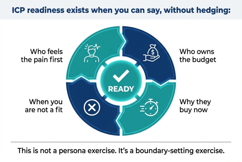 Circular infographic showing ICP readiness criteria, including who feels the pain, owns the budget, buys now, and is not a fit.