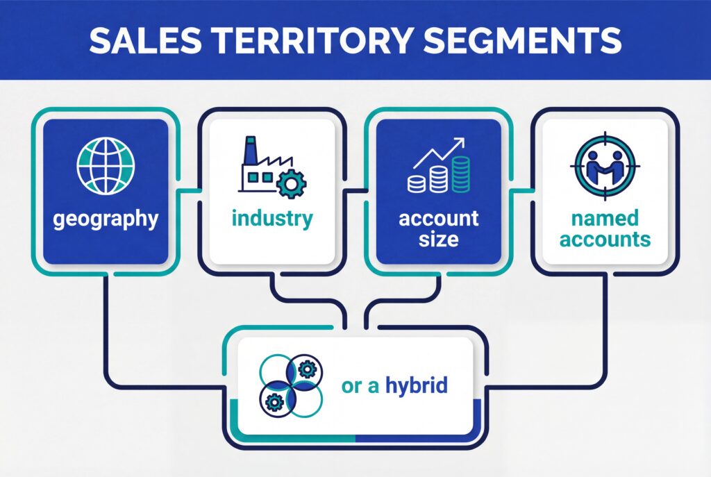Diagram showing common sales territory segments by geography, industry, account size, named accounts, or a hybrid approach.