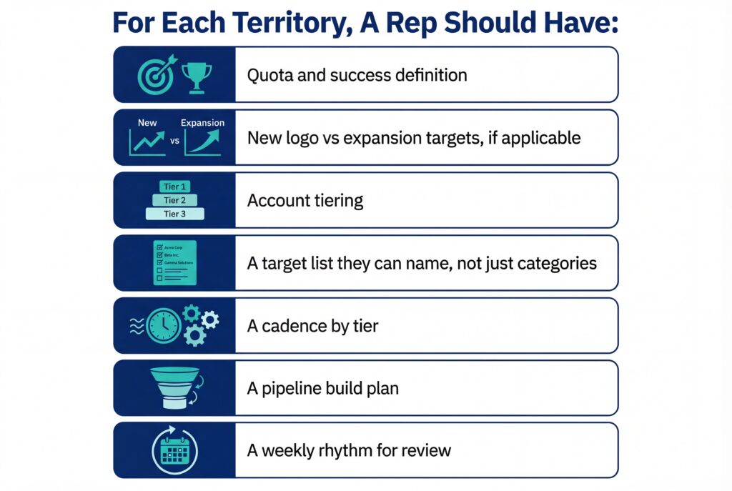 Checklist infographic outlining what each sales rep should have per territory, including quota, targets, account tiers, cadence, pipeline plan, and review rhythm.