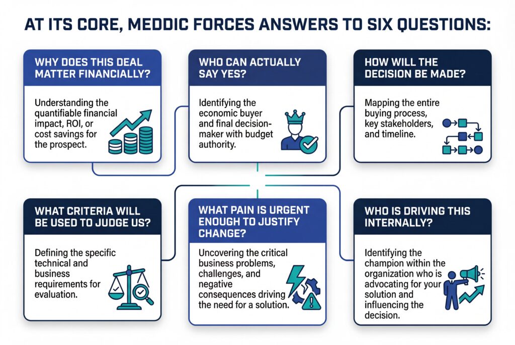 MEDDIC framework graphic outlining six core sales qualification questions covering value, decision makers, process, criteria, urgency, and internal champions.