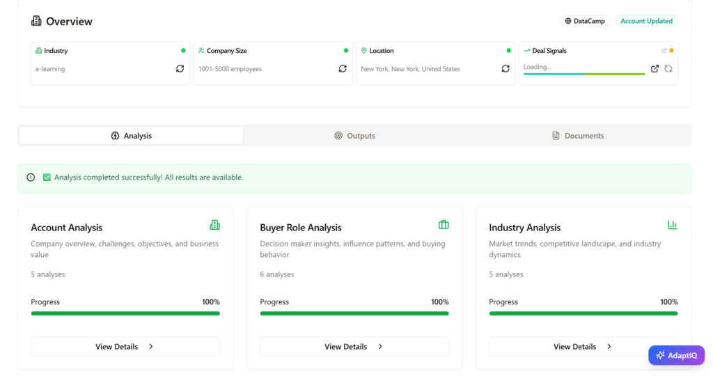EnableU's sales intelligence dashboard showing completed account, buyer role, and industry analyses with company details and deal signals.