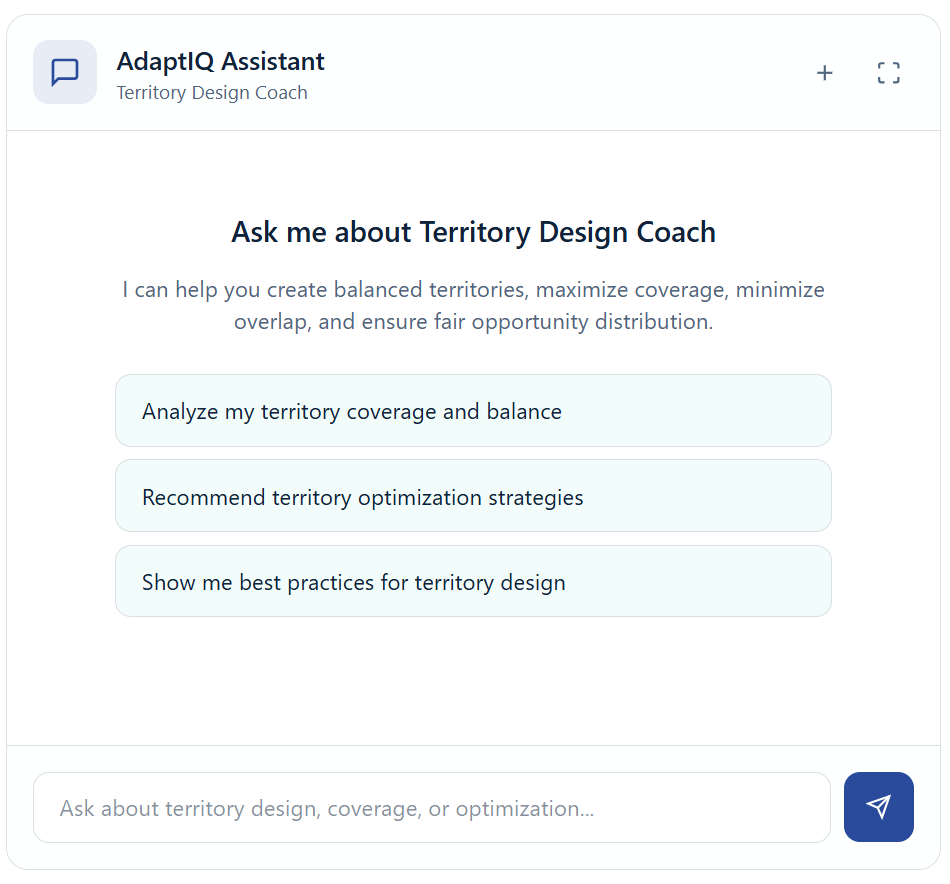 Screenshot of EnableU's AdaptIQ Assistant interface offering territory design coaching with prompts for analyzing coverage, optimizing territories, and best practices.