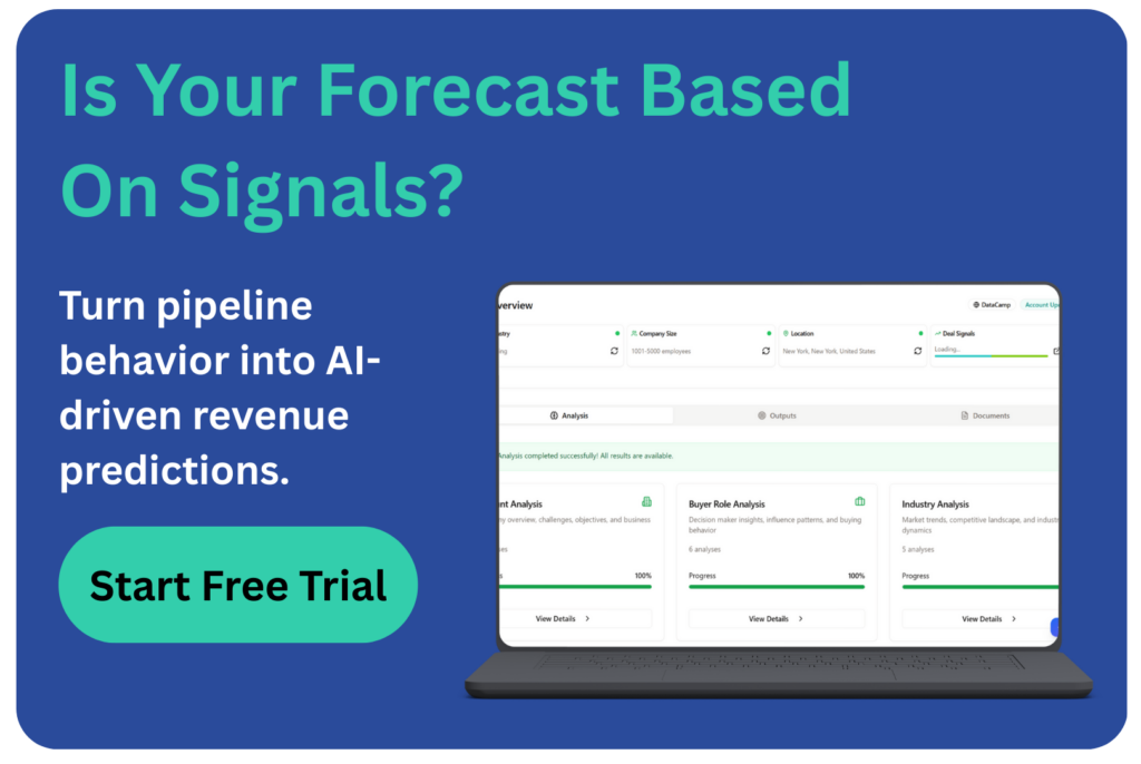 CTA banner asking “Is Your Forecast Based on Signals?” with AI revenue prediction message, start free trial button, and GTM dashboard preview on laptop.