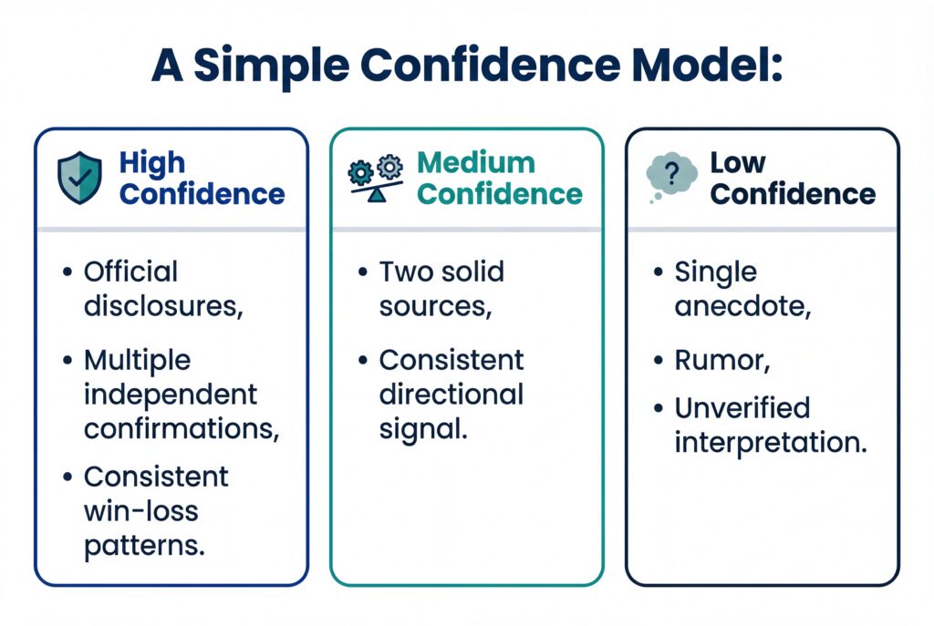 Infographic presenting a simple confidence model with high, medium, and low evidence criteria for intelligence signals.