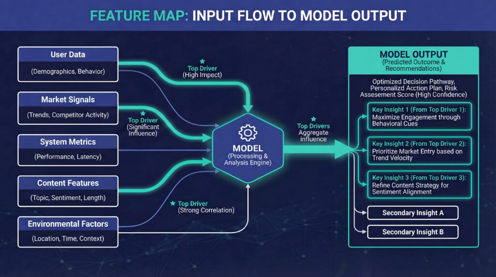 Feature map diagram showing user, market, system, content, and environmental inputs flowing into a model engine that generates key insights and recommendations.