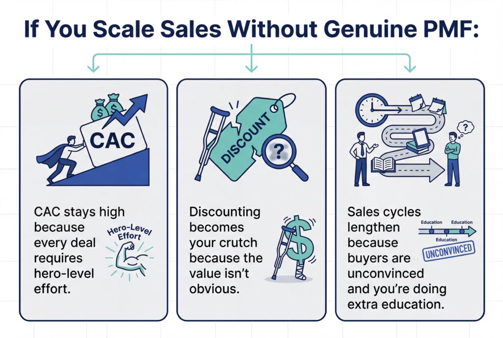Infographic titled “If You Scale Sales Without Genuine PMF” showing high CAC, heavy discounting, and longer sales cycles due to lack of product-market fit.