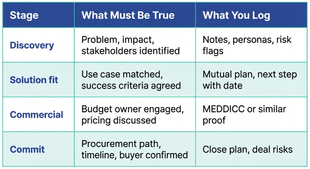 Table outlining sales stages—Discovery, Solution fit, Commercial, Commit—with what must be true at each stage and what to log in the CRM.