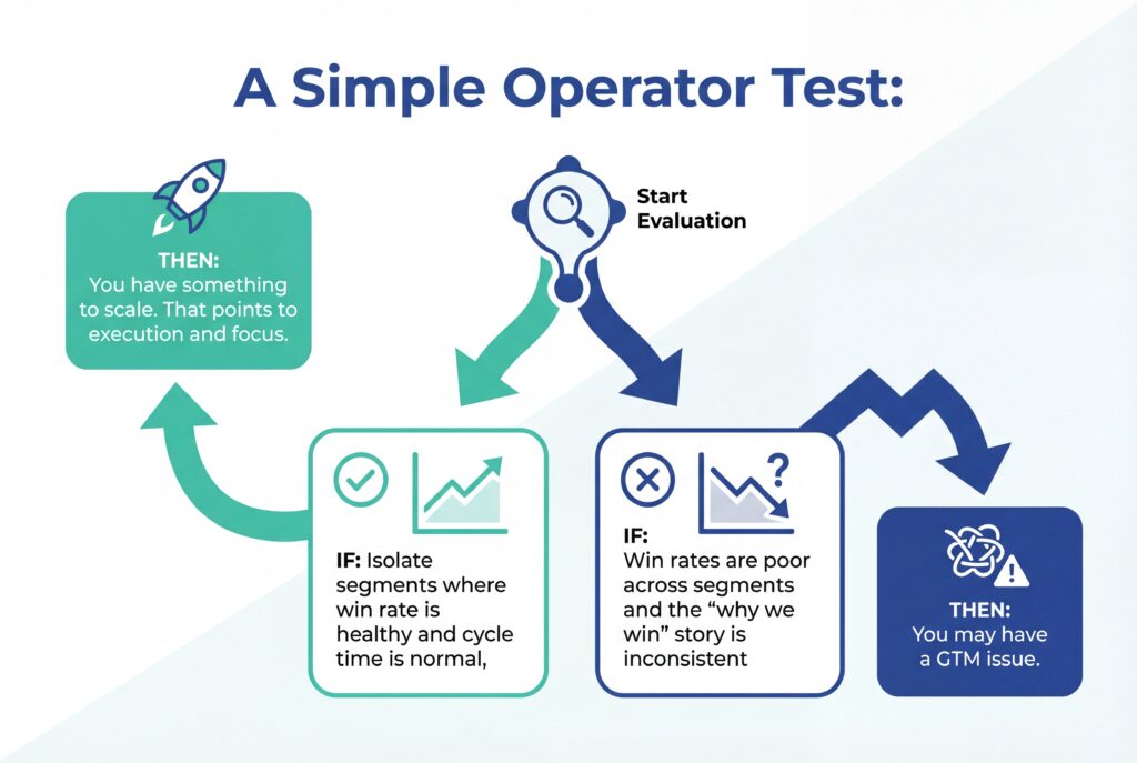 Infographic titled “A Simple Operator Test” showing evaluation flow for diagnosing execution versus GTM issues.