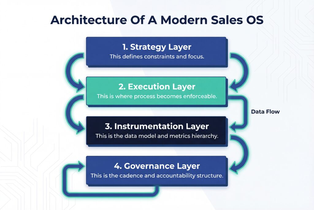 Infographic outlining architecture of a modern Sales OS with strategy, execution, instrumentation, and governance layers.