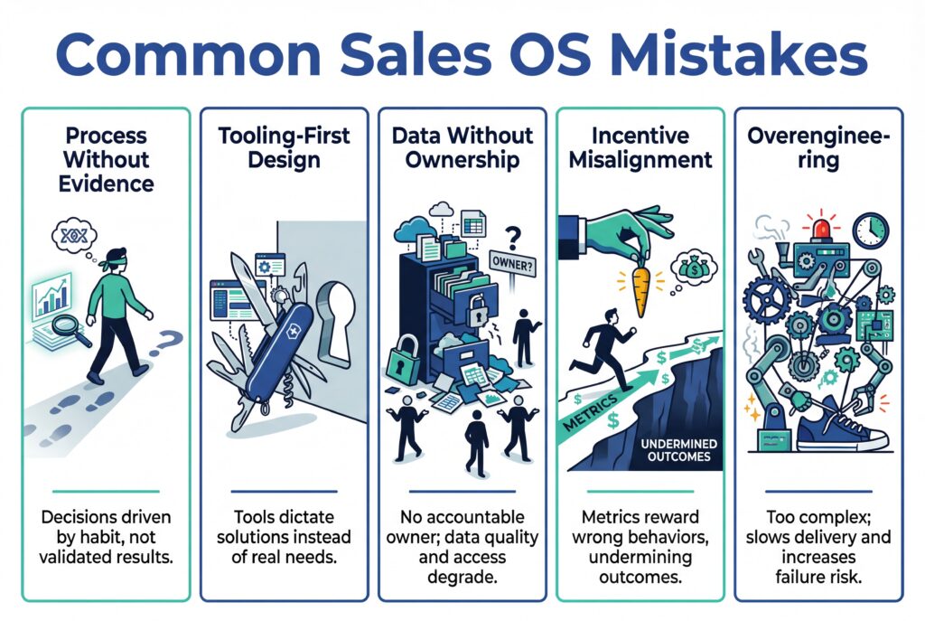Infographic outlining common Sales OS mistakes like tooling-first design, misaligned incentives, and overengineering.