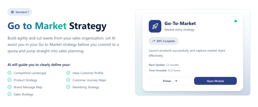 EnableU's GTM strategy module screen showing progress, checklist items, and buttons to open the module.