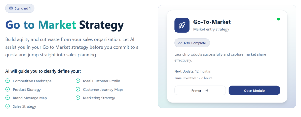 EnableU Go-to-Market Strategy screen with checklist items, progress badge, and buttons to open the module.