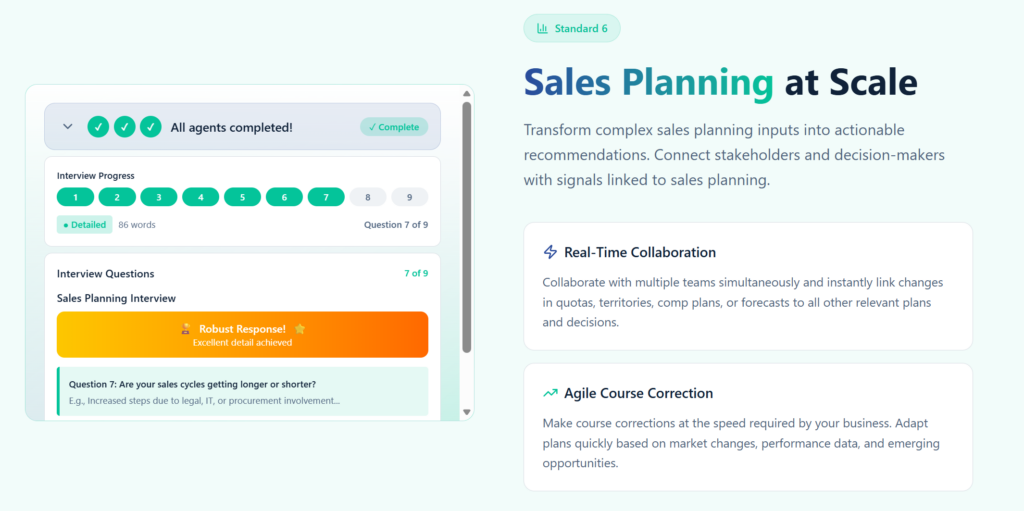 EnableU's product page screenshot highlighting “Sales Planning at Scale” with real-time collaboration and agile course correction features alongside an interview-style planning interface.