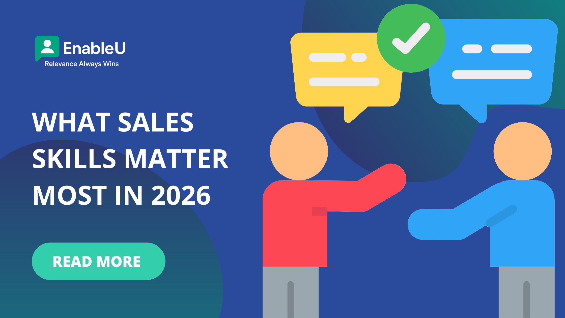 Banner titled “What Sales Skills Matter Most in 2026” showing two people communicating with chat bubbles and a CTA button.