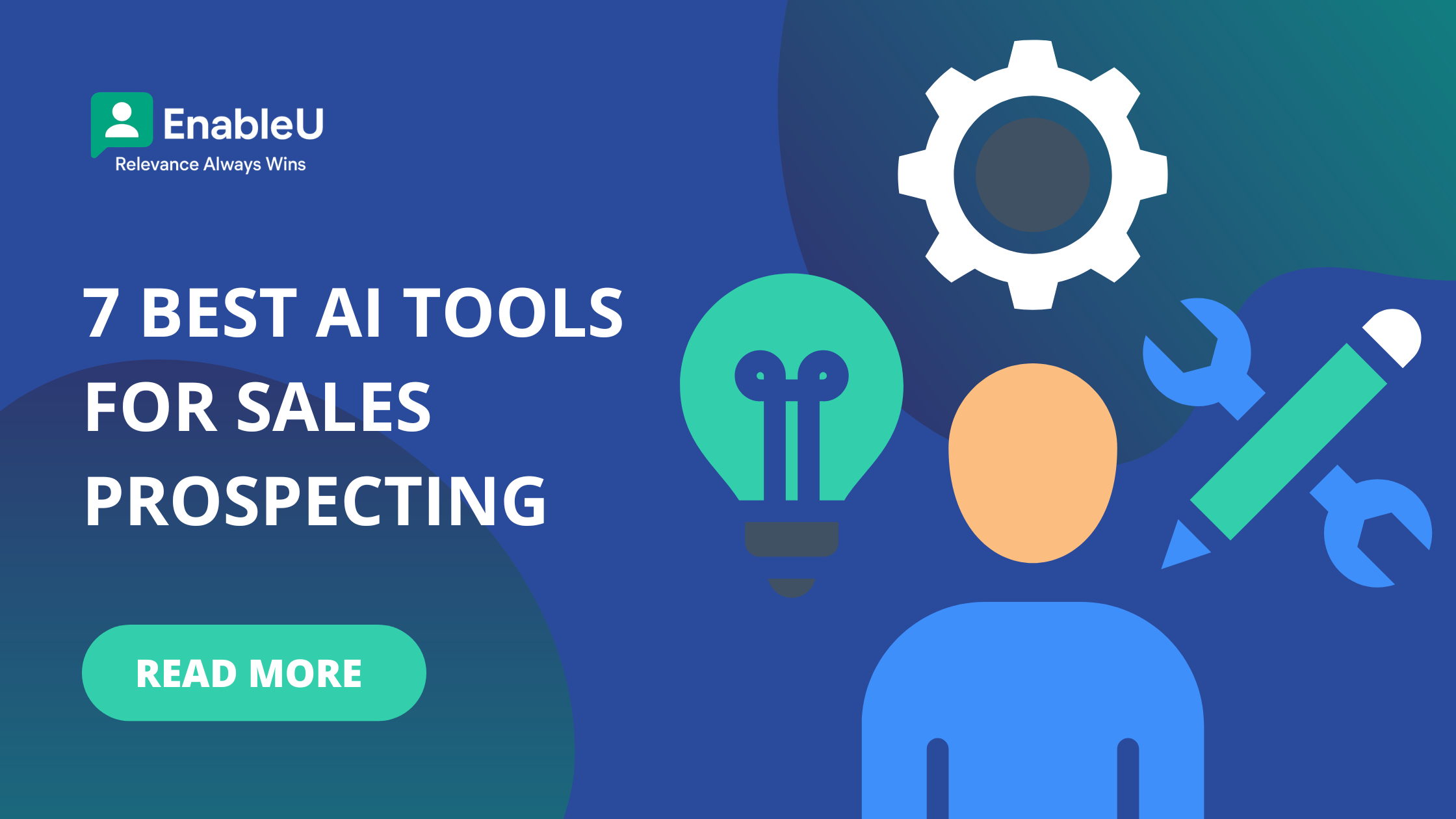 Graphic banner titled “7 Best AI Tools for Sales Prospecting” with icons and a “Read More” button.