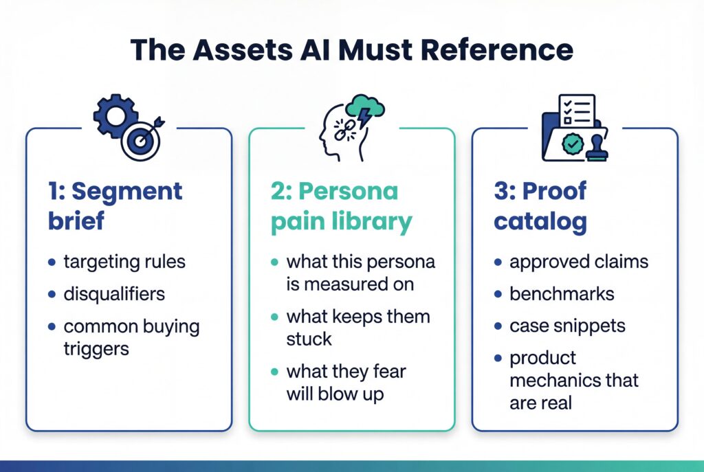 Diagram showing key assets AI should reference including segment brief, persona pain library, and proof catalog.