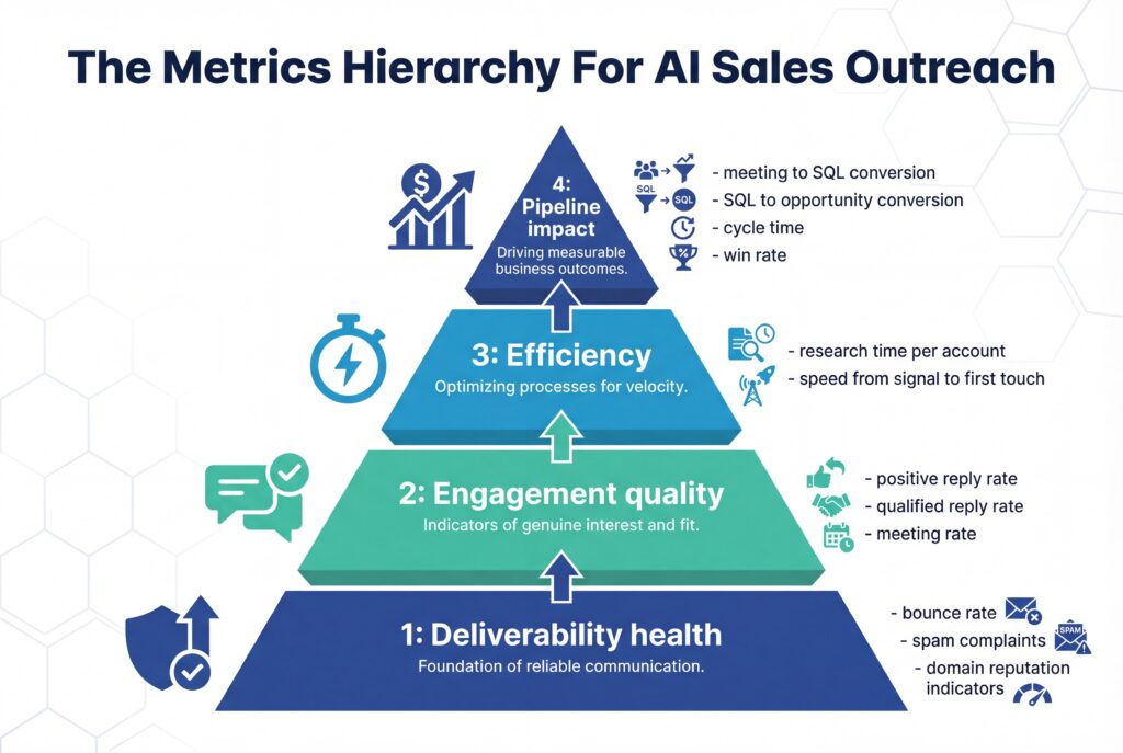Metrics hierarchy pyramid for AI sales outreach covering deliverability, engagement quality, efficiency, and pipeline impact.