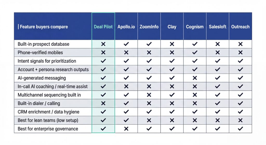 Comparison table of sales prospecting tools (Deal Pilot, Apollo, ZoomInfo, Clay, Cognism, Salesloft, Outreach) across key features.