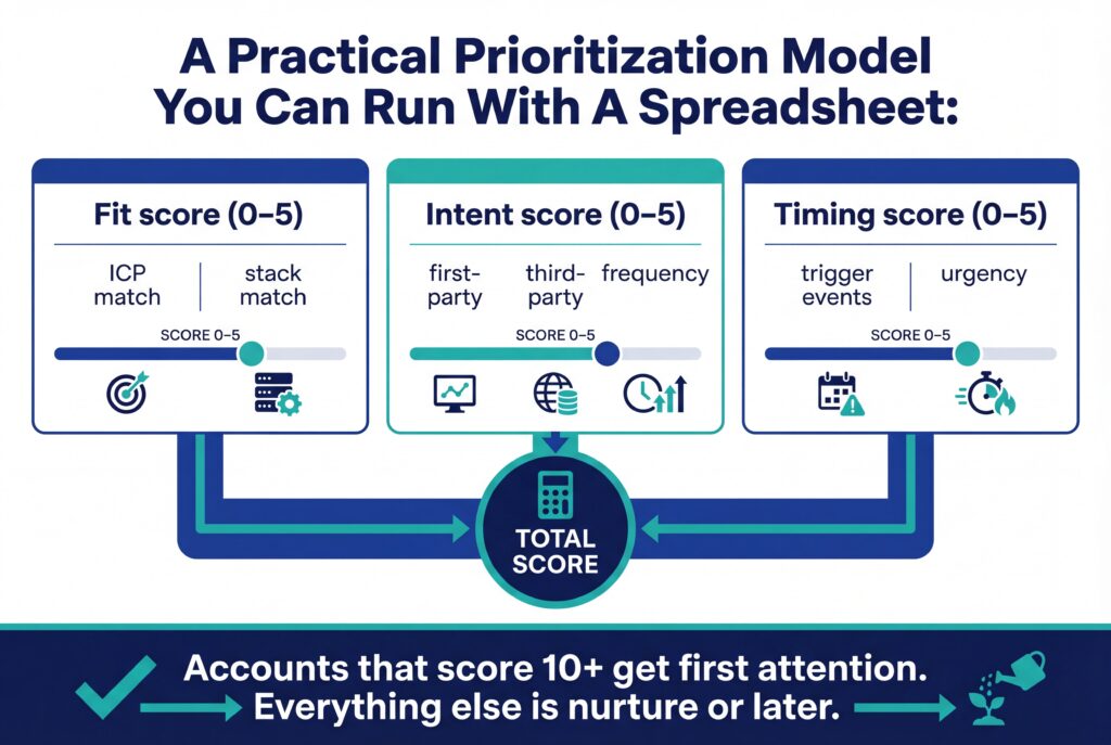Diagram of a sales prioritization model combining fit, intent, and timing scores into a total score.