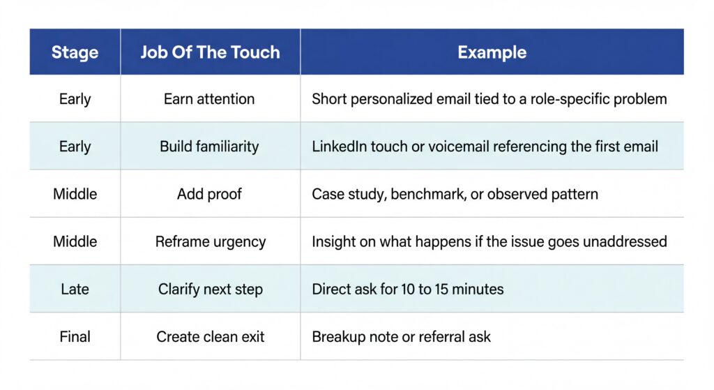 Table showing a multi-channel sales cadence schedule by day, channel, and objective.