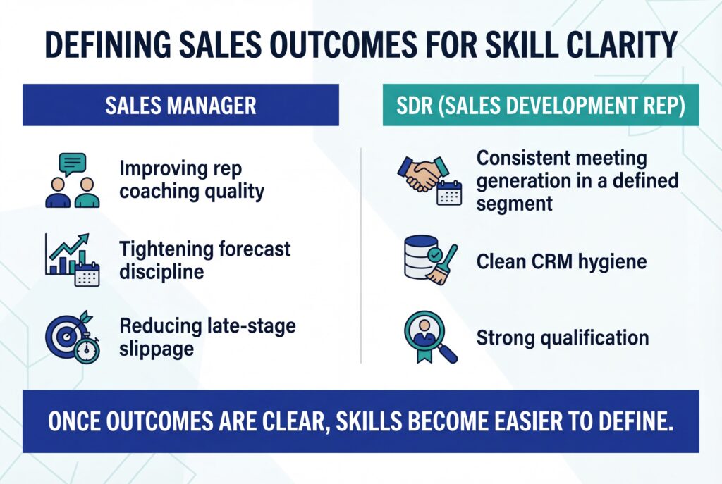 Diagram showing key sales outcomes for managers and SDRs to define skills clearly.