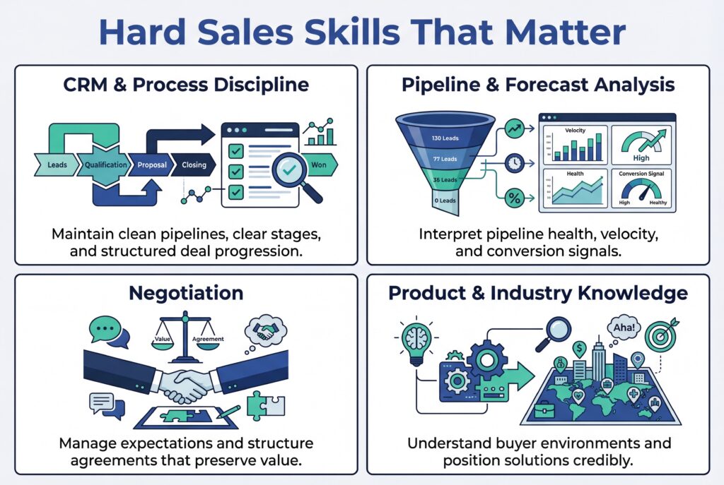 Graphic outlining key hard sales skills including CRM discipline, pipeline analysis, negotiation, and product knowledge.