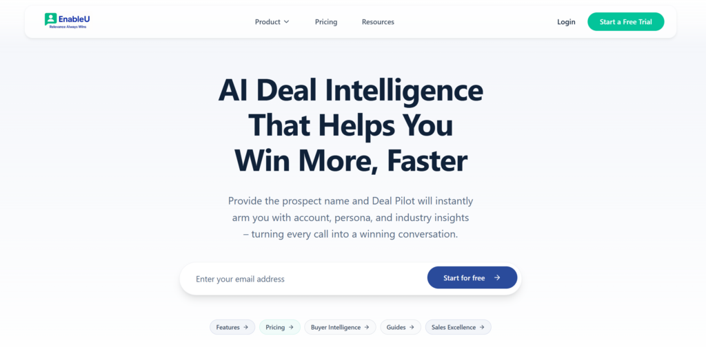 EnableU homepage featuring “AI Deal Intelligence That Helps You Win More, Faster” with email signup CTA.