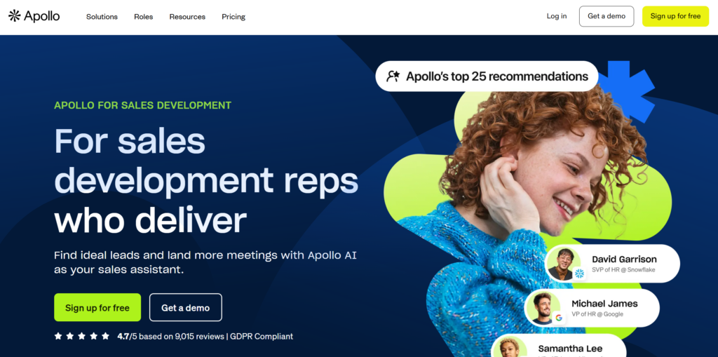 Apollo homepage targeting sales development reps with AI-powered lead generation and meeting booking tools.