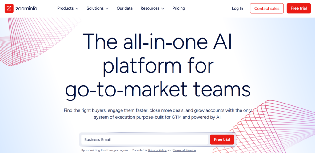 ZoomInfo homepage advertising an all-in-one AI platform for go-to-market teams with free trial signup.