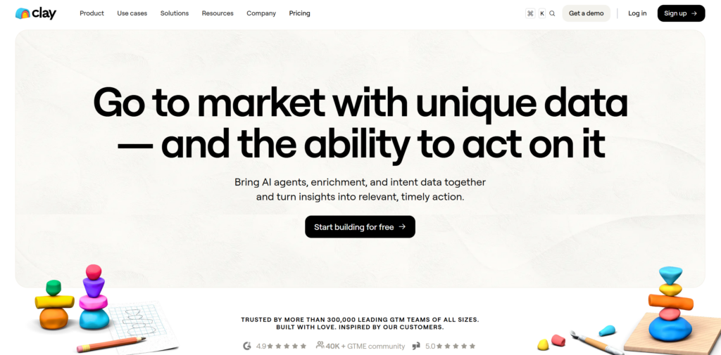 Clay homepage promoting go-to-market data platform with AI agents and enrichment capabilities.