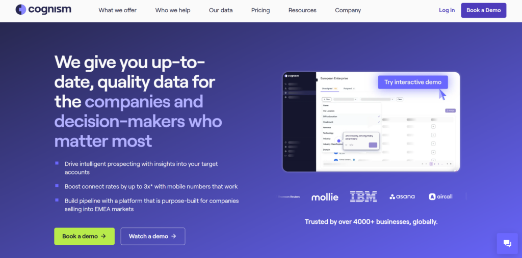 Cognism homepage emphasizing high-quality B2B data and prospecting insights with demo CTAs.