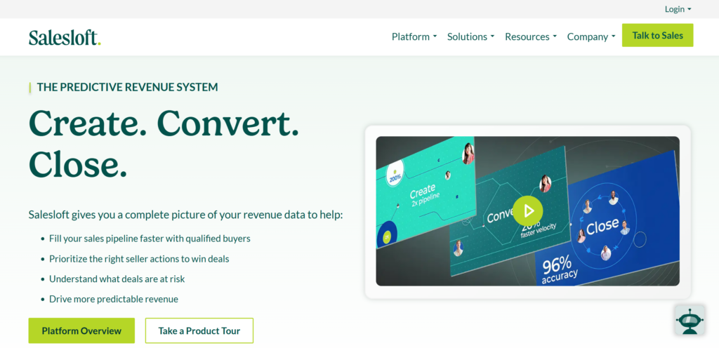 Salesloft homepage highlighting “Create. Convert. Close.” with product overview and demo options.