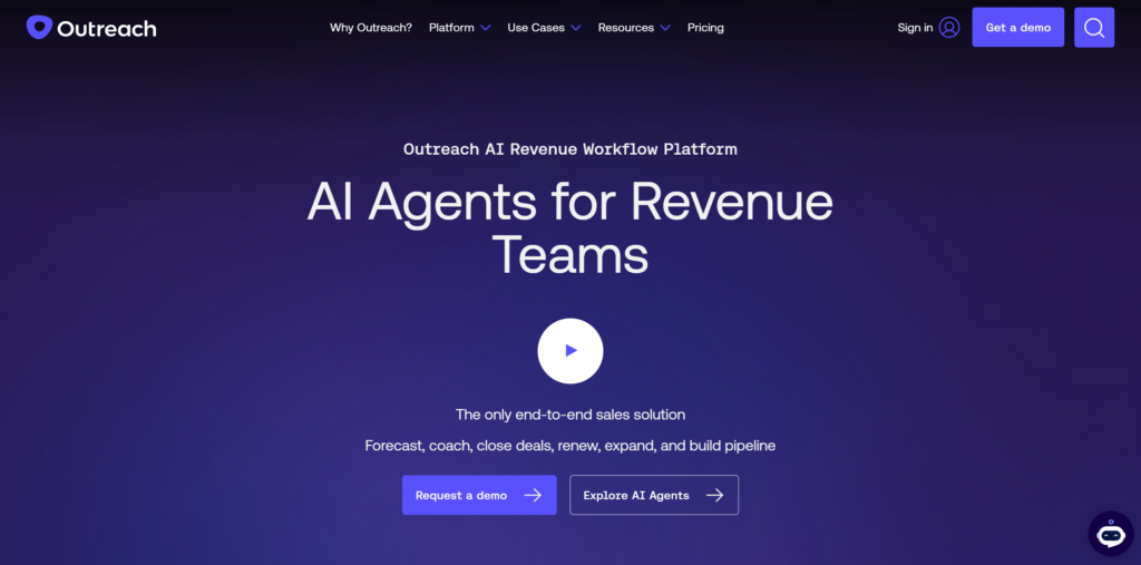 Outreach homepage showing “AI Agents for Revenue Teams” with demo and product exploration CTAs.